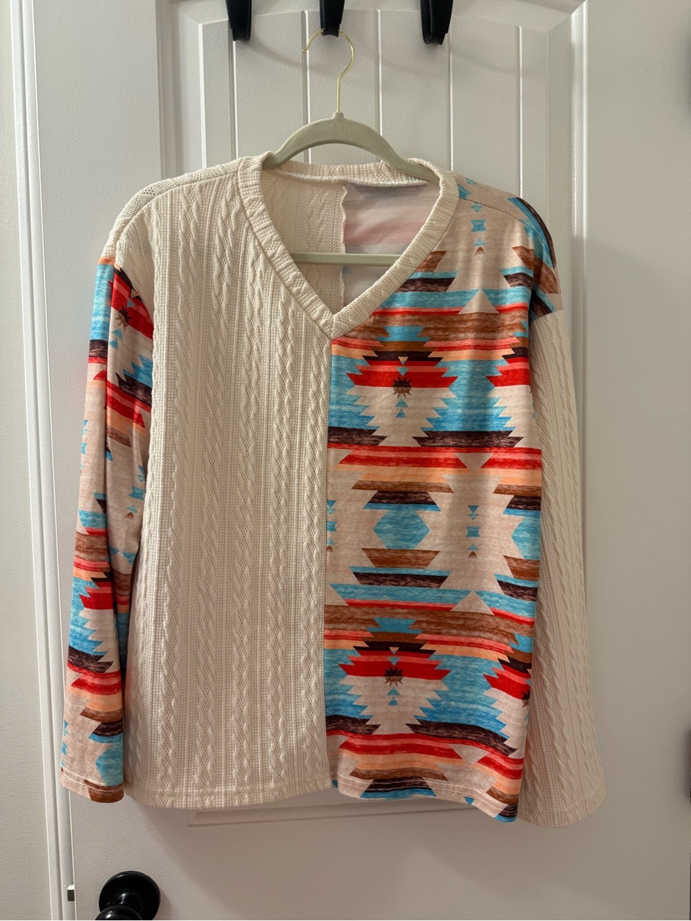SHEIN Cream Sweater with Red, Blue & Brown Aztec Panels